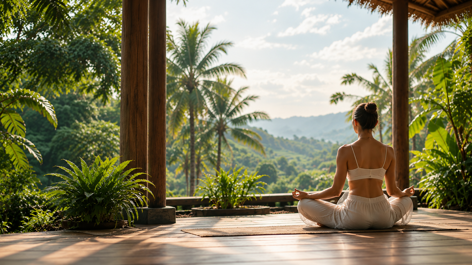 Woman meditating in a peaceful tropical setting